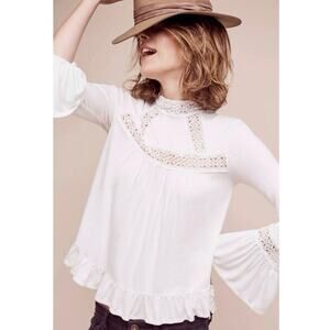 NWT Anthropologie Eri + Ali White Rayne Swing Top Long Sleeve Ruffle Hem Sz M